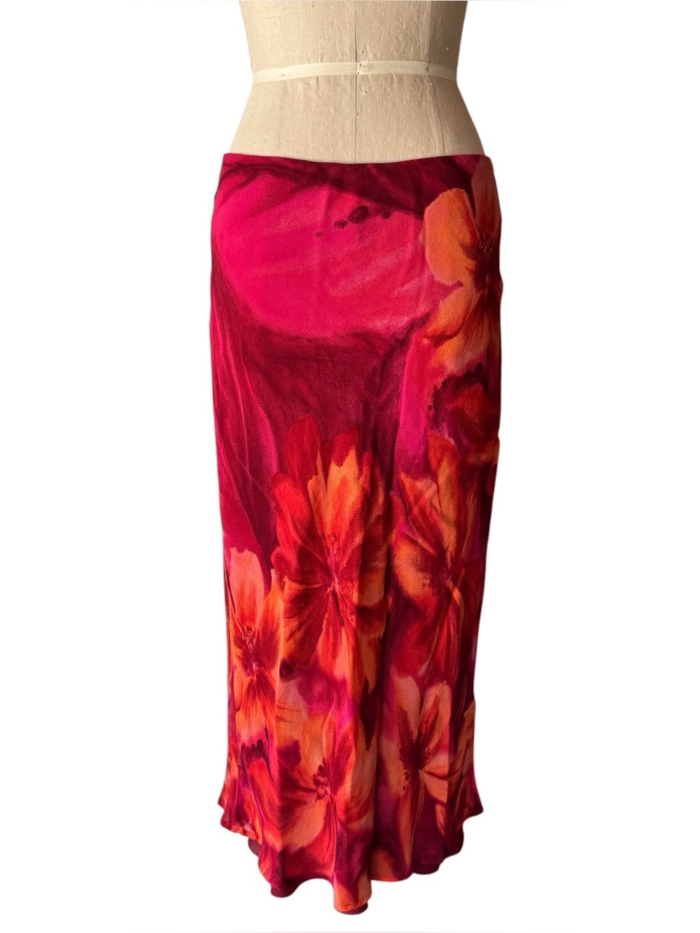 Vintage Y2K Karen Kane Floral Orange Pink Hibiscus Pattern Maxi Skirt